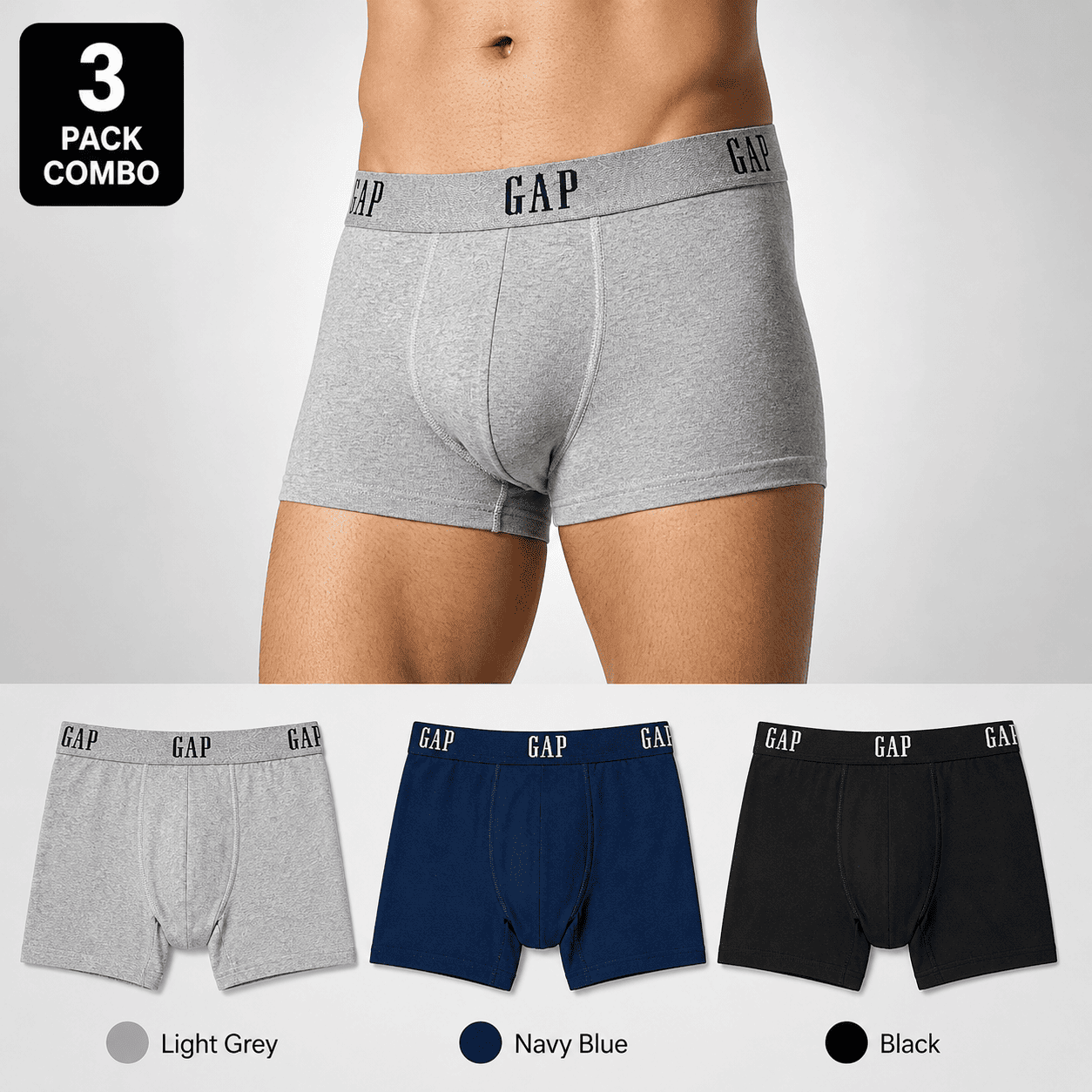 GAP 3 Pack Trunks – Comfortable Everyday Innerwear (Light Grey, Navy Blue, Black)