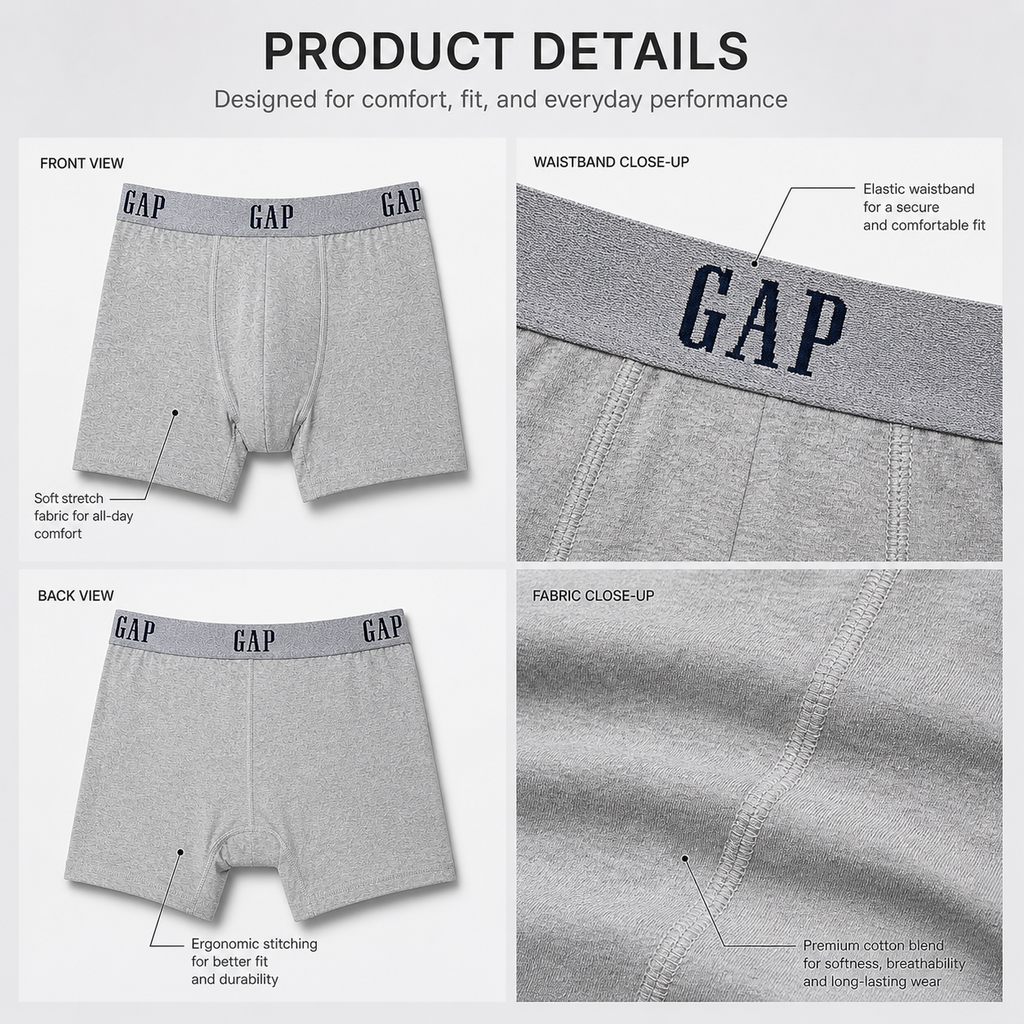 GAP 3 Pack Boxer Briefs Combo – Everyday Comfort & Style (Grey, Navy Blue, Black)