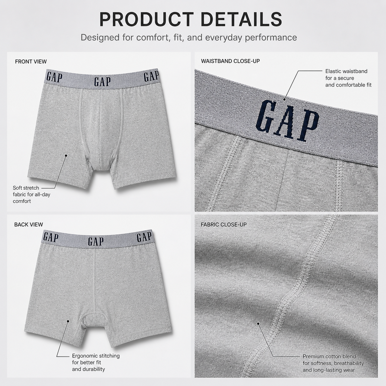 GAP 3 Pack Boxer Briefs Combo – Everyday Comfort & Style (Grey, Navy Blue, Black)