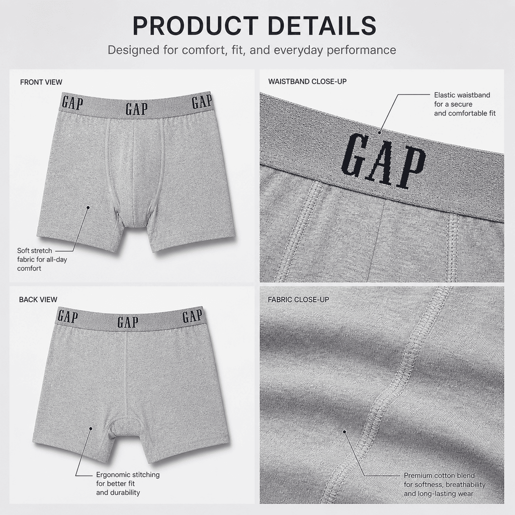 GAP 3 Pack Trunks – Comfortable Everyday Innerwear (Light Grey, Navy Blue, Black)