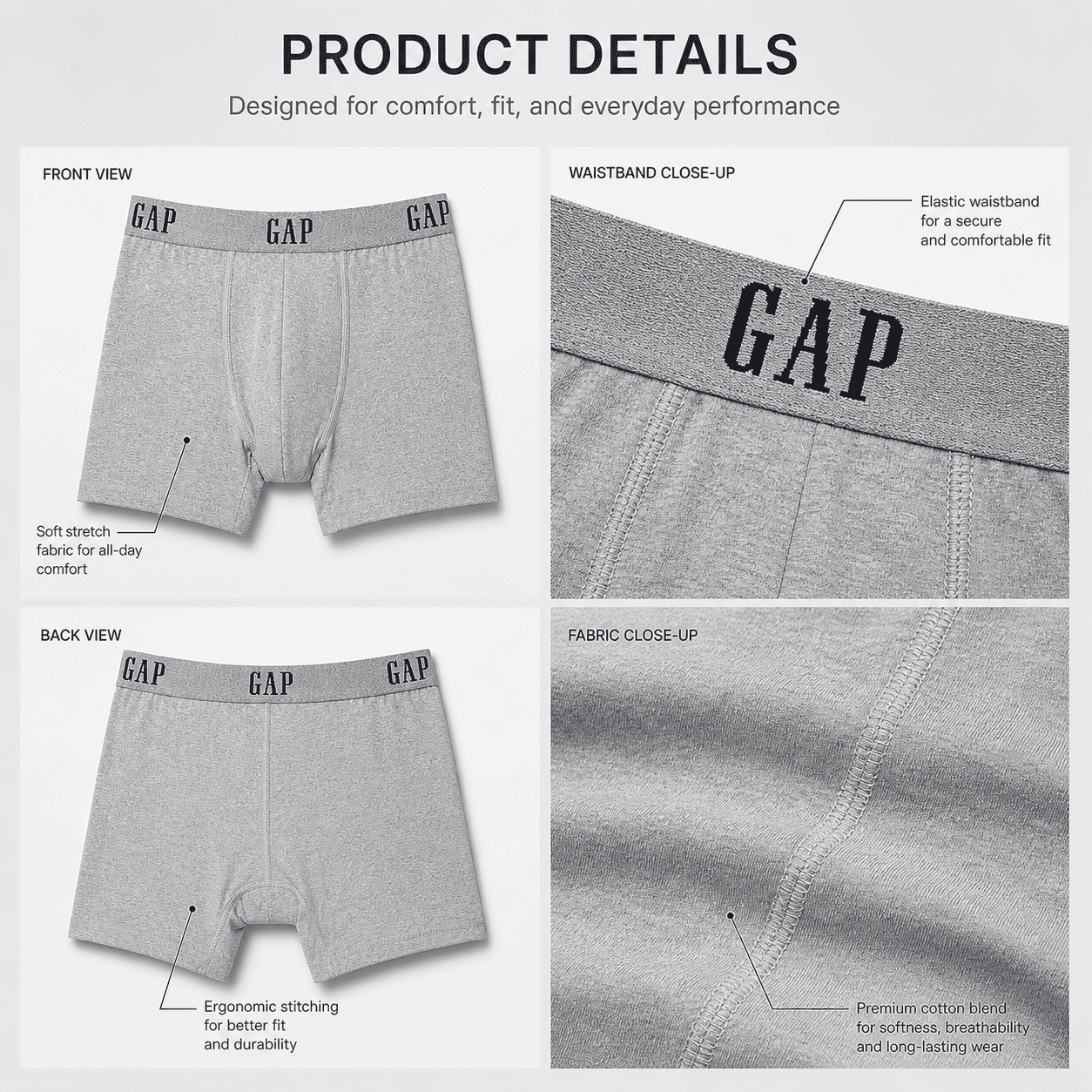 GAP 3 Pack Trunks – Comfortable Everyday Innerwear (Light Grey, Navy Blue, Black)