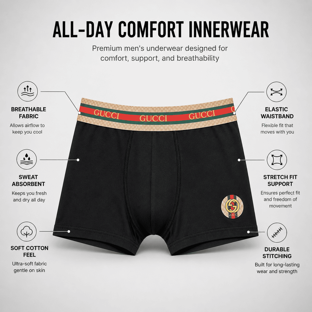 Gucci 3 Pack Trunks – Comfortable Everyday Innerwear (Black, Navy Blue, Dark Grey)