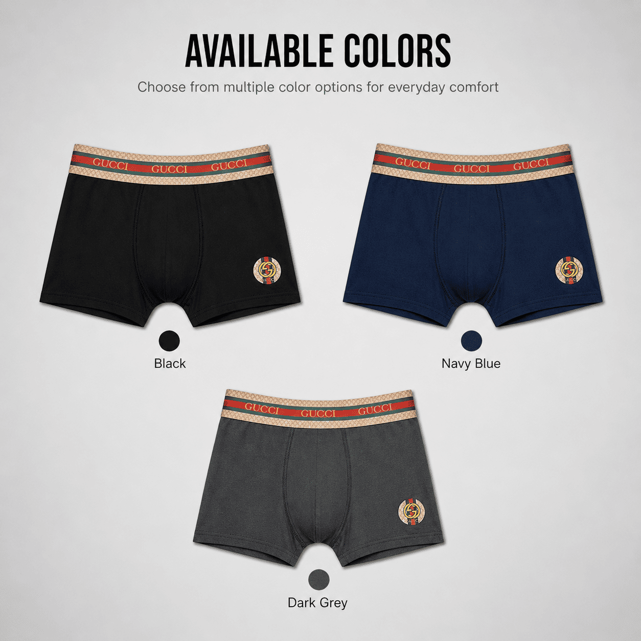 Gucci 3 Pack Trunks – Comfortable Everyday Innerwear (Black, Navy Blue, Dark Grey)