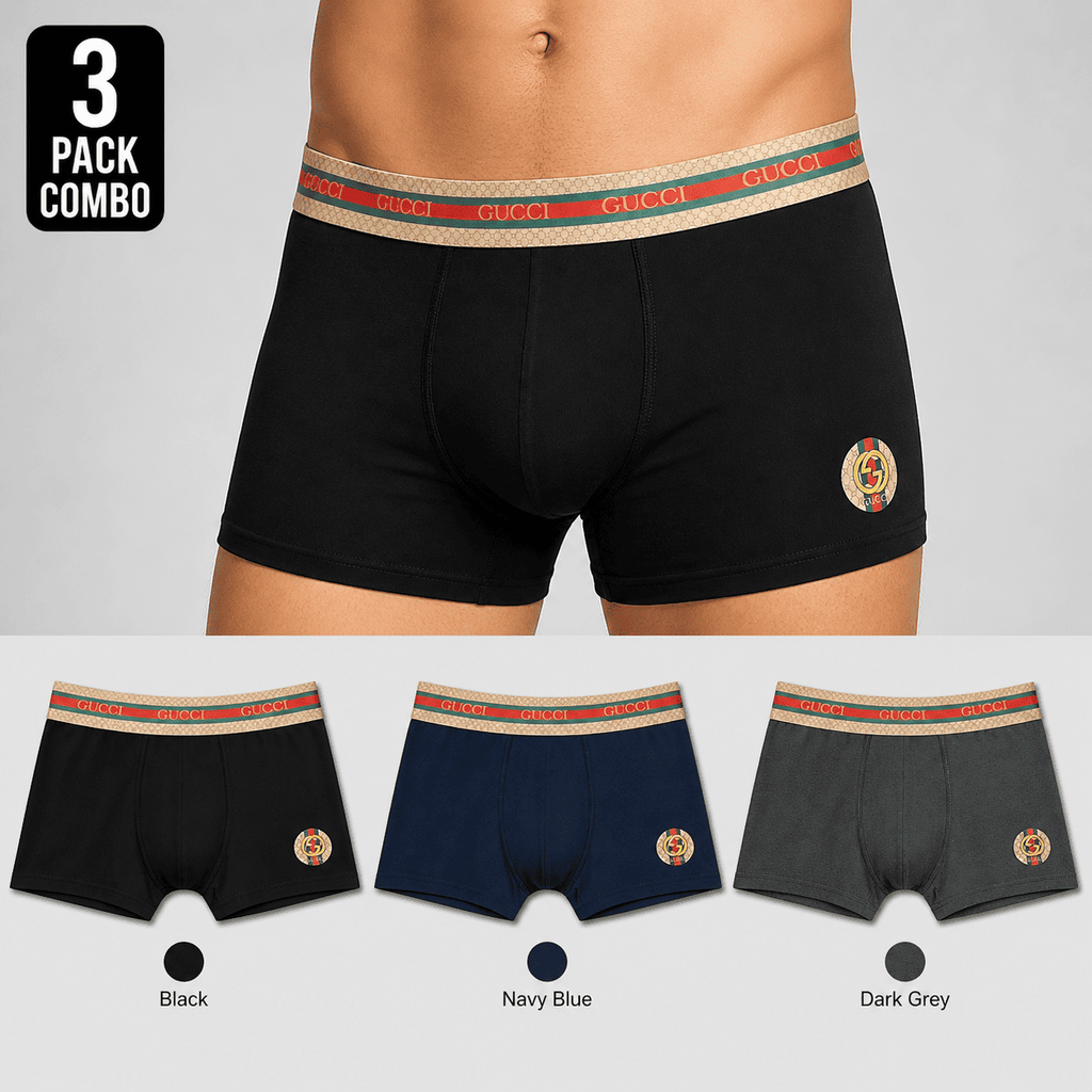 Gucci 3 Pack Trunks – Comfortable Everyday Innerwear (Black, Navy Blue, Dark Grey)