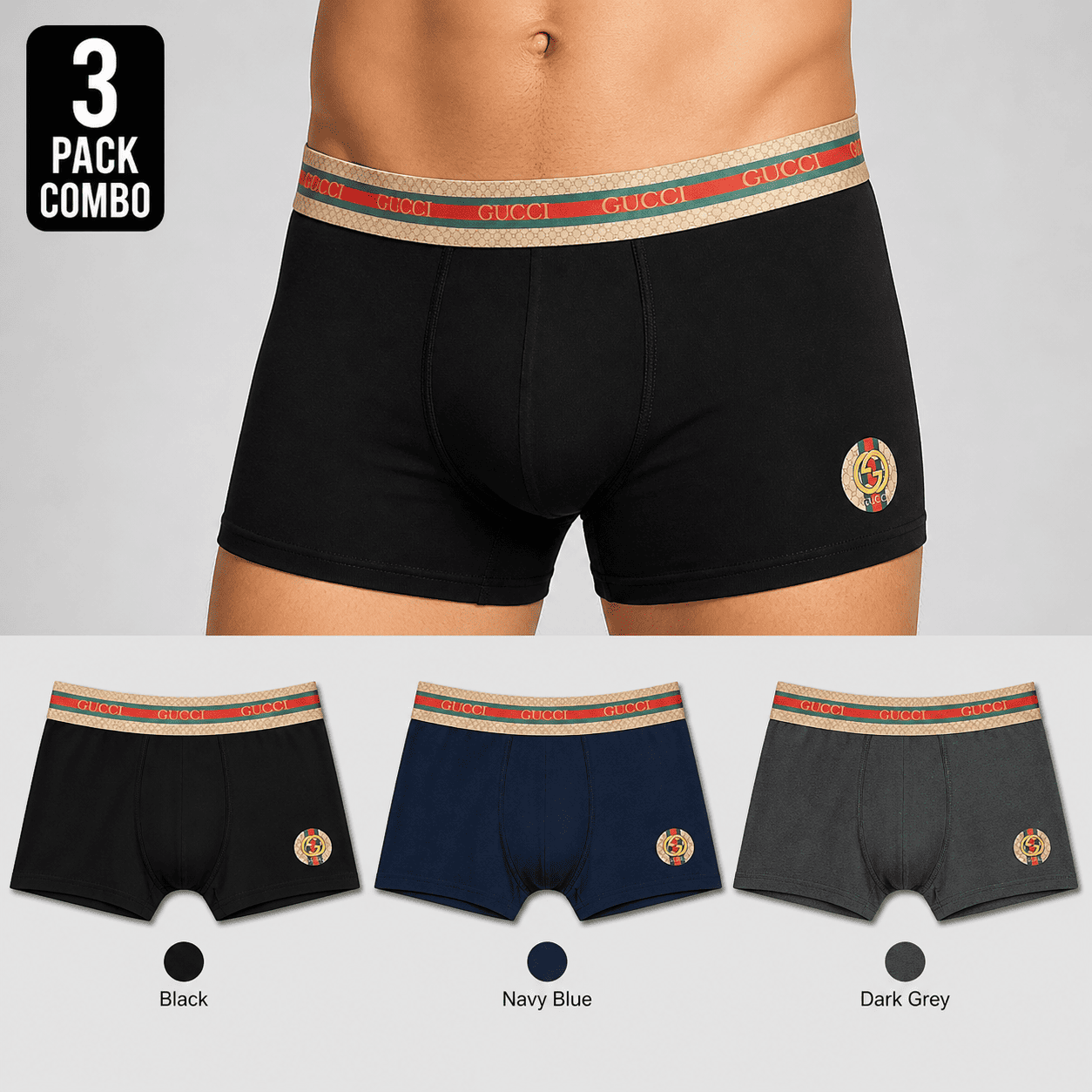 Gucci 3 Pack Trunks – Comfortable Everyday Innerwear (Black, Navy Blue, Dark Grey)
