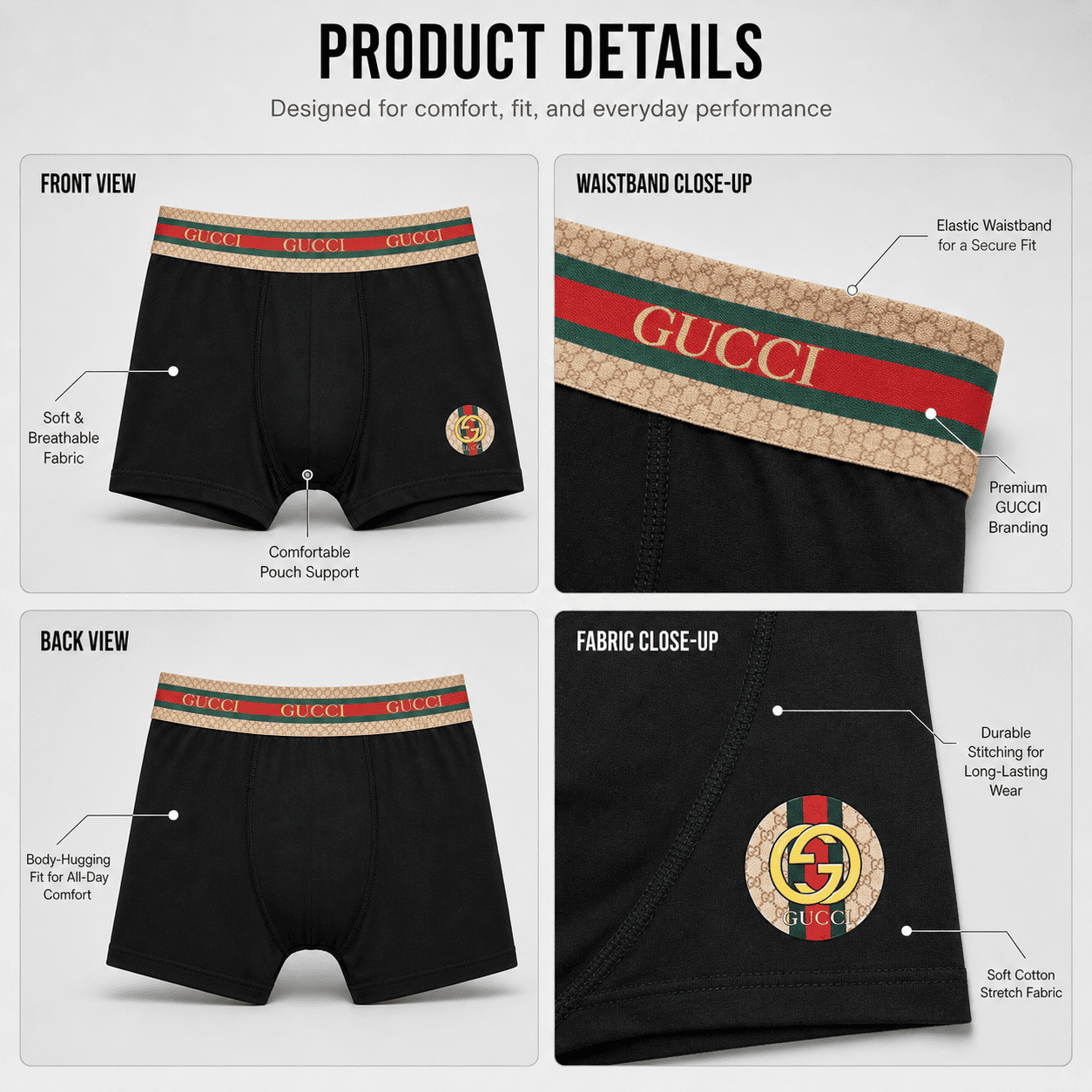 Gucci 3 Pack Trunks – Comfortable Everyday Innerwear (Black, Navy Blue, Dark Grey)