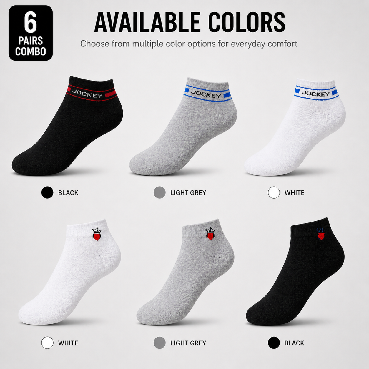 Jockey + Crown Heart 6 Pairs Ankle Socks Combo – Everyday Comfort & Style (Black, Grey, White)