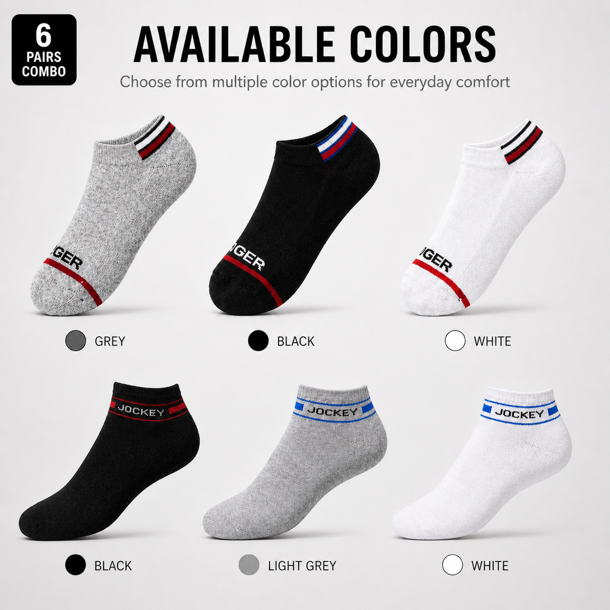 Tommy Hilfiger + Jockey 6 Pairs Ankle Socks Combo – Everyday Comfort & Style (Black, Grey, White)