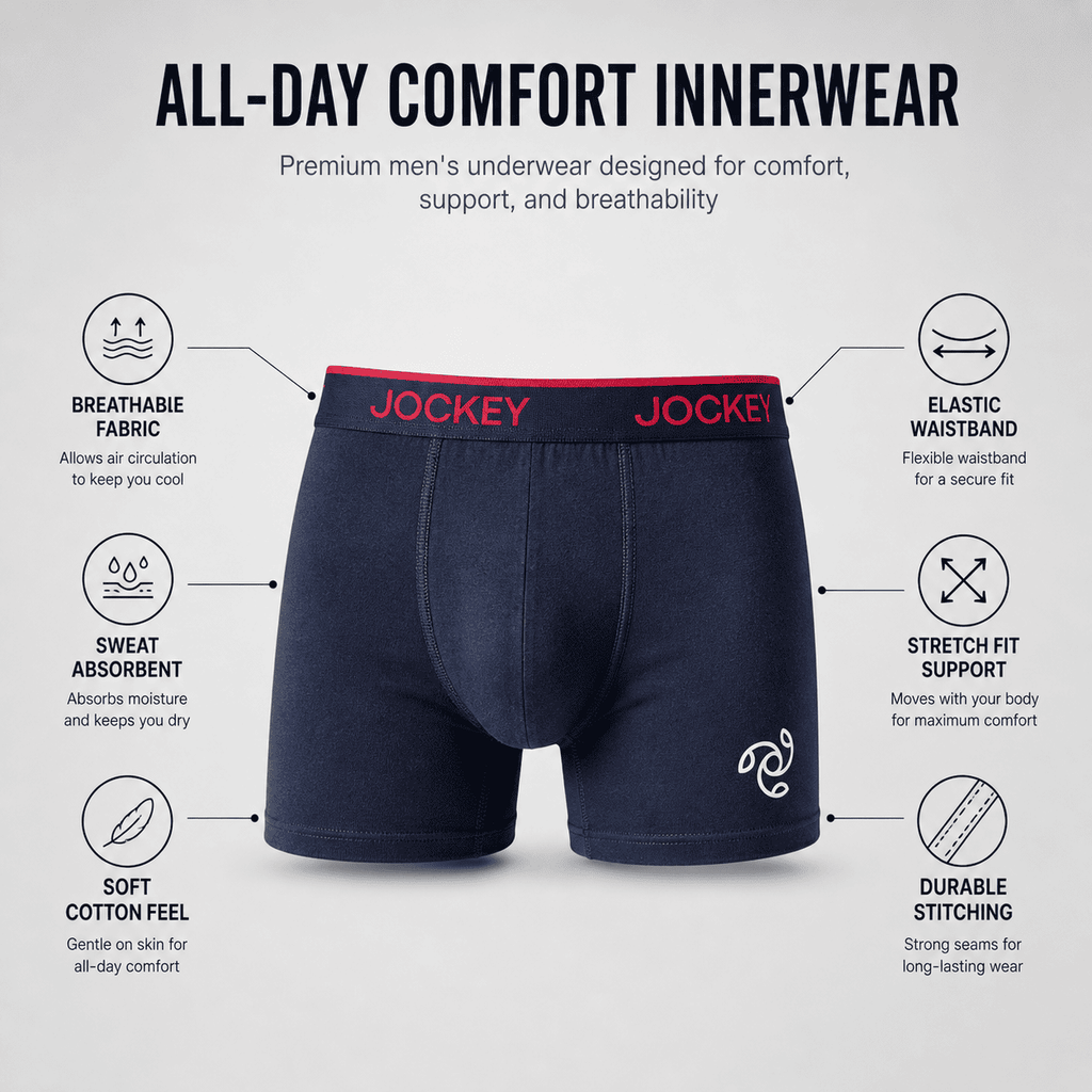 Jockey 3 Pack Trunks – Comfortable Everyday Innerwear (Black, Light Grey, Navy Blue)