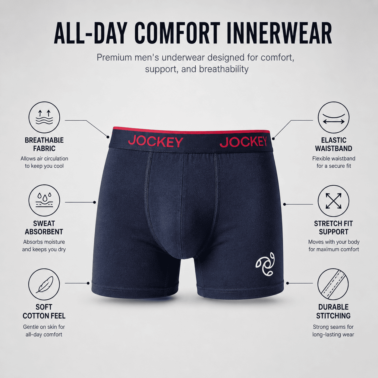 Jockey 3 Pack Trunks – Comfortable Everyday Innerwear (Black, Light Grey, Navy Blue)