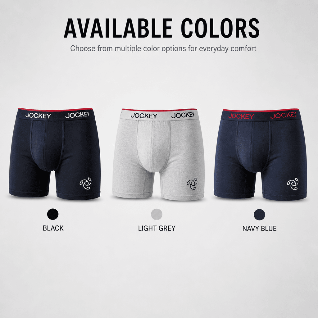 Jockey 3 Pack Trunks – Comfortable Everyday Innerwear (Black, Light Grey, Navy Blue)