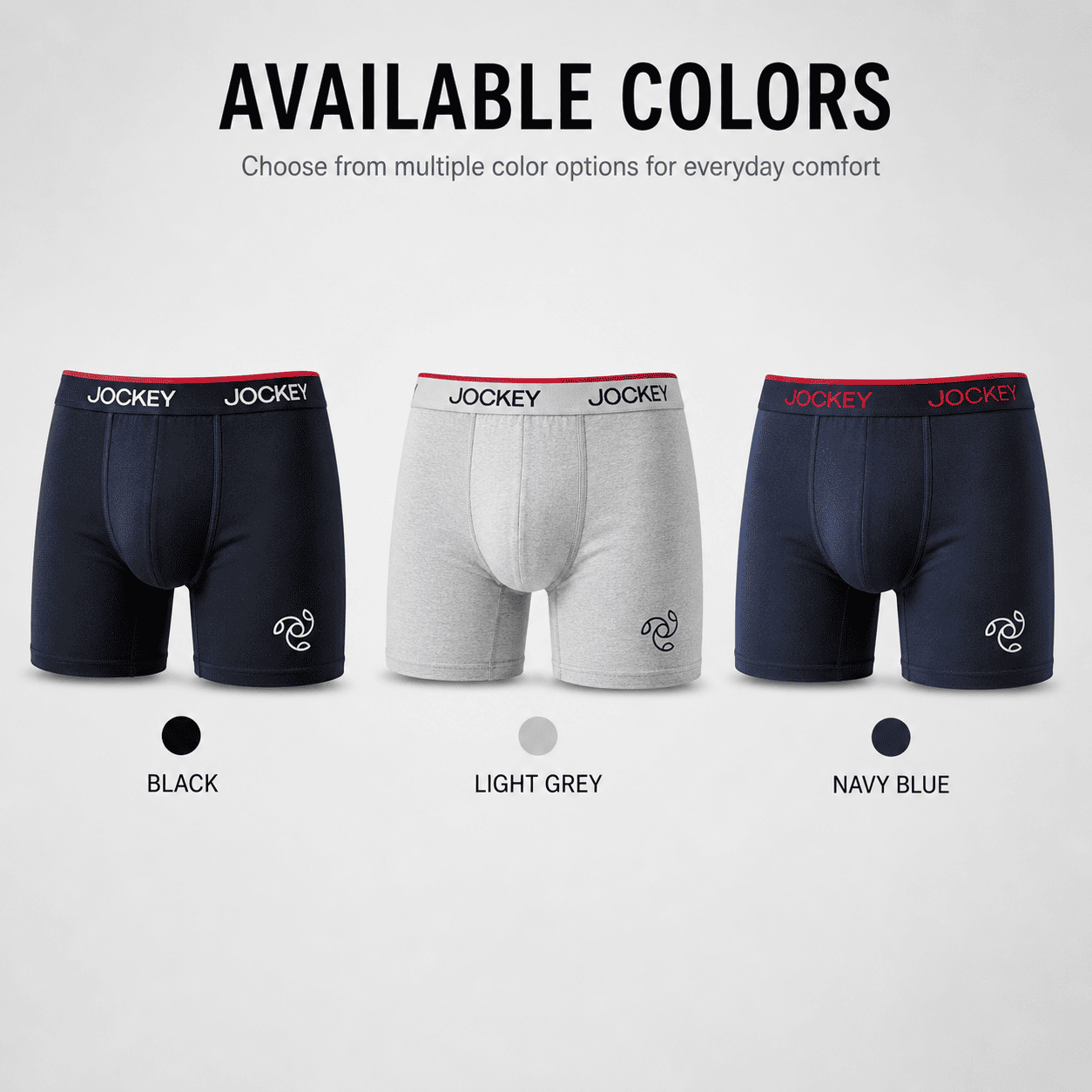 Jockey 3 Pack Trunks – Comfortable Everyday Innerwear (Black, Light Grey, Navy Blue)