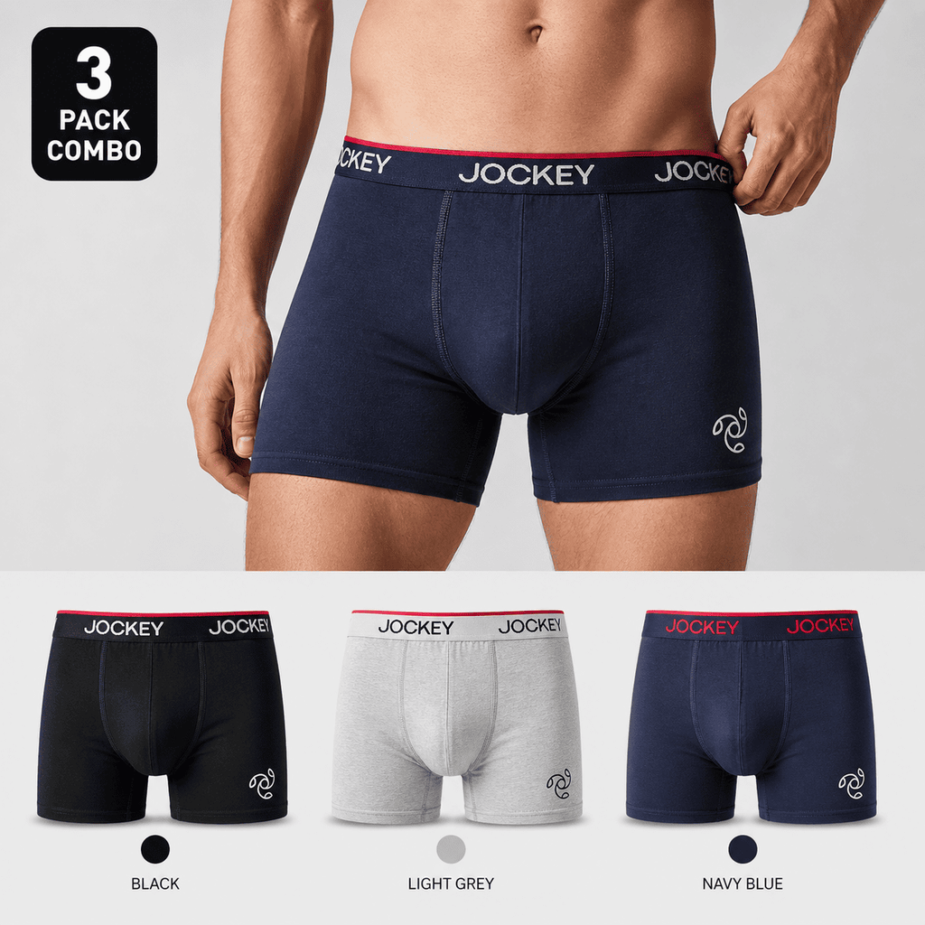 Jockey 3 Pack Trunks – Comfortable Everyday Innerwear (Black, Light Grey, Navy Blue)