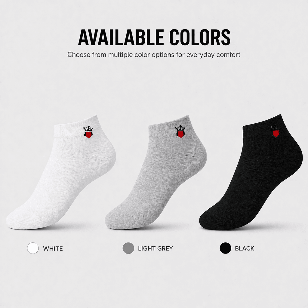 3 Pair Ankle Socks – Everyday Comfort (White, Light Grey, Black)