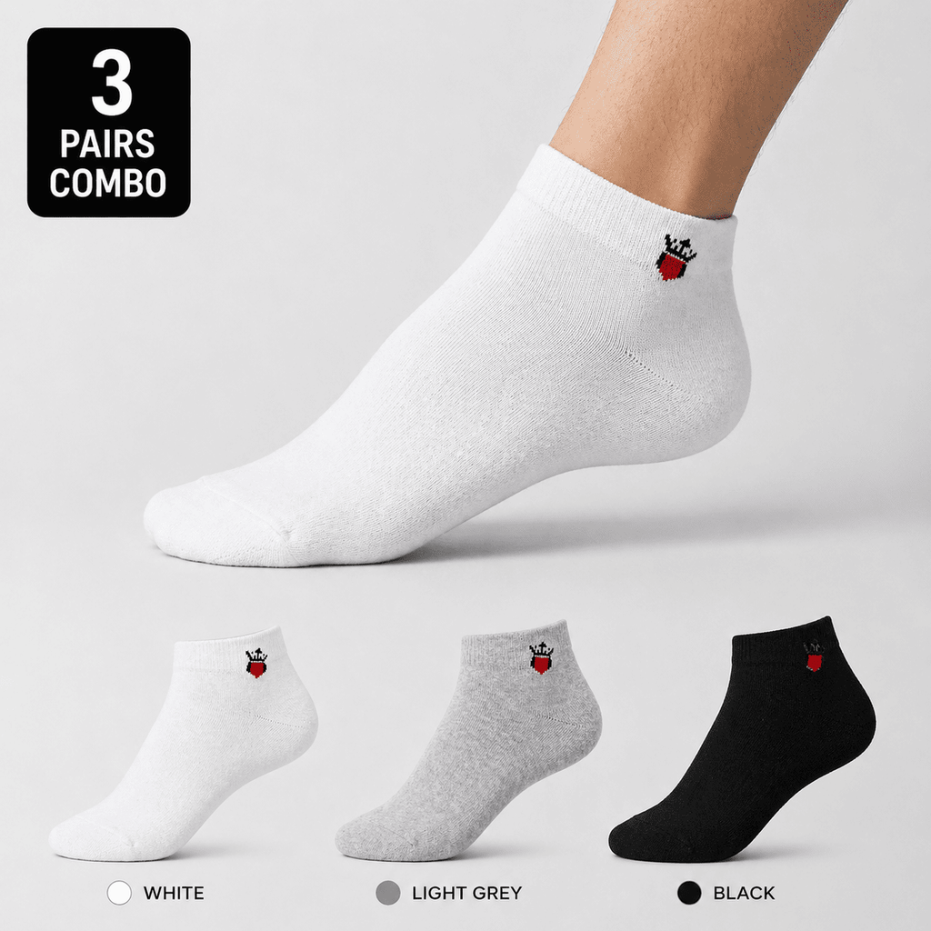 3 Pair Ankle Socks – Everyday Comfort (White, Light Grey, Black)