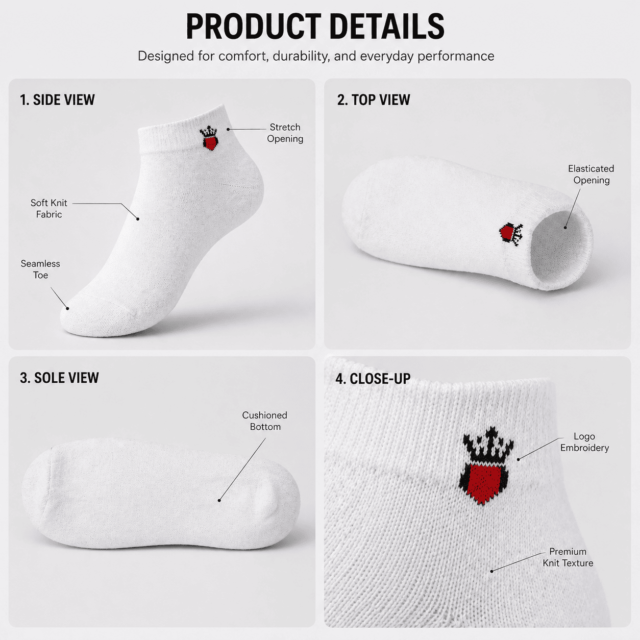 3 Pair Ankle Socks – Everyday Comfort (White, Light Grey, Black)