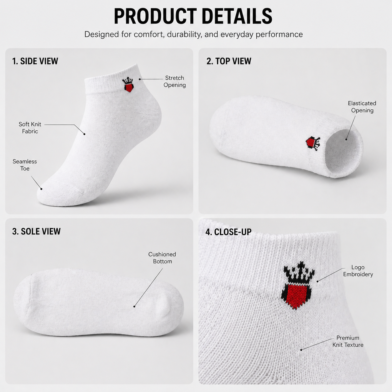 Burberry + Crown Heart 6 Pairs Ankle Socks Combo – Everyday Comfort & Style (Black, Grey, White)