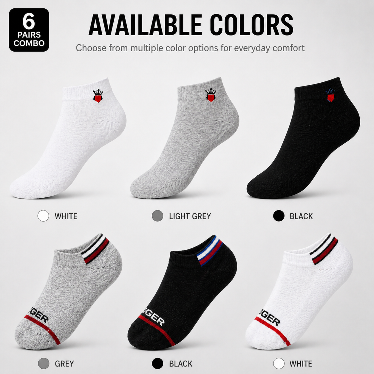 Crown Heart + Tommy Hilfiger 6 Pairs Ankle Socks Combo – Everyday Comfort & Style (Black, Grey, White)