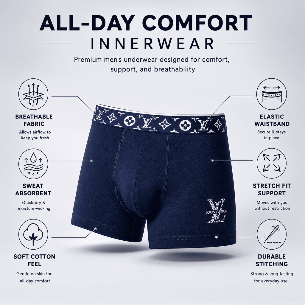 Louis Vuitton 3 Pack Trunks – Comfortable Everyday Innerwear (Navy Blue, Grey, Black)