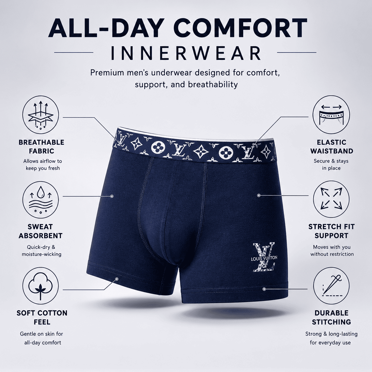 Louis Vuitton 3 Pack Trunks – Comfortable Everyday Innerwear (Navy Blue, Grey, Black)