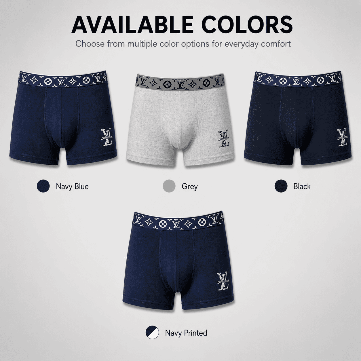 Louis Vuitton 3 Pack Trunks – Comfortable Everyday Innerwear (Navy Blue, Grey, Black)