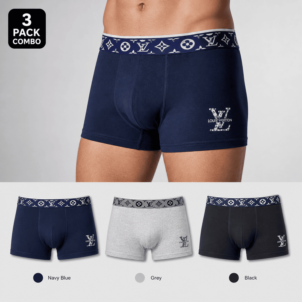 Louis Vuitton 3 Pack Trunks – Comfortable Everyday Innerwear (Navy Blue, Grey, Black)