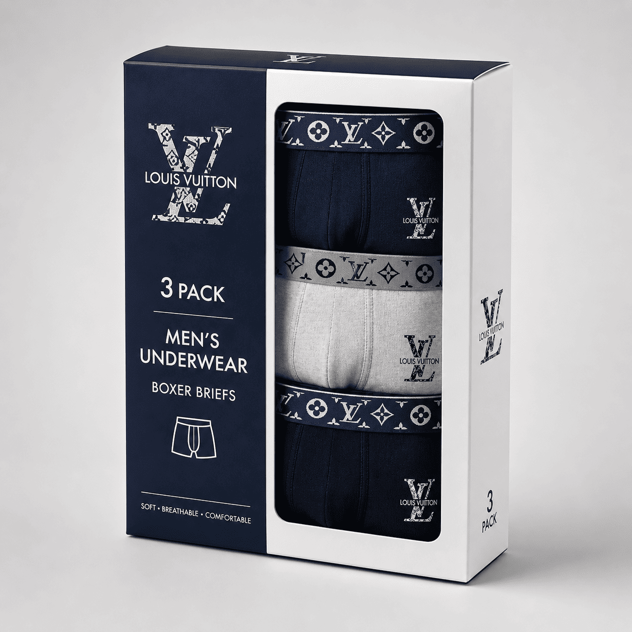 Louis Vuitton 3 Pack Trunks – Comfortable Everyday Innerwear (Navy Blue, Grey, Black)