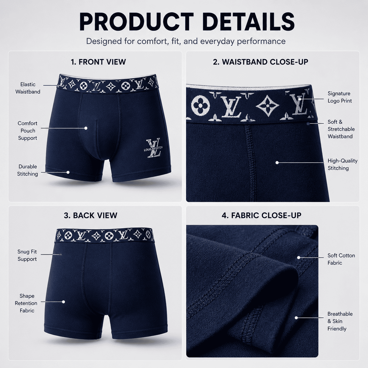 Louis Vuitton 3 Pack Trunks – Comfortable Everyday Innerwear (Navy Blue, Grey, Black)