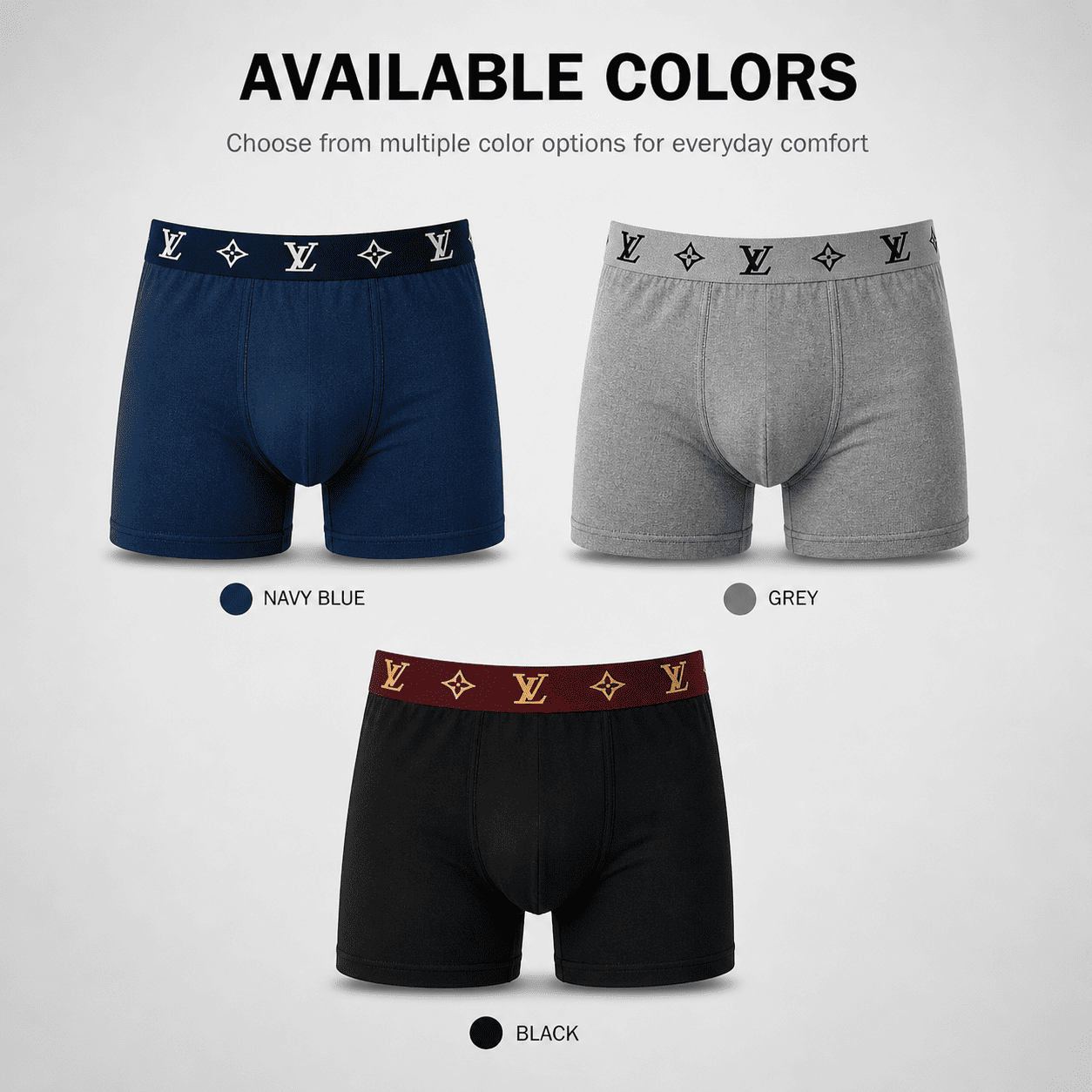 LV 3 Pack Trunks – Comfortable Everyday Innerwear (Navy, Grey, Black)