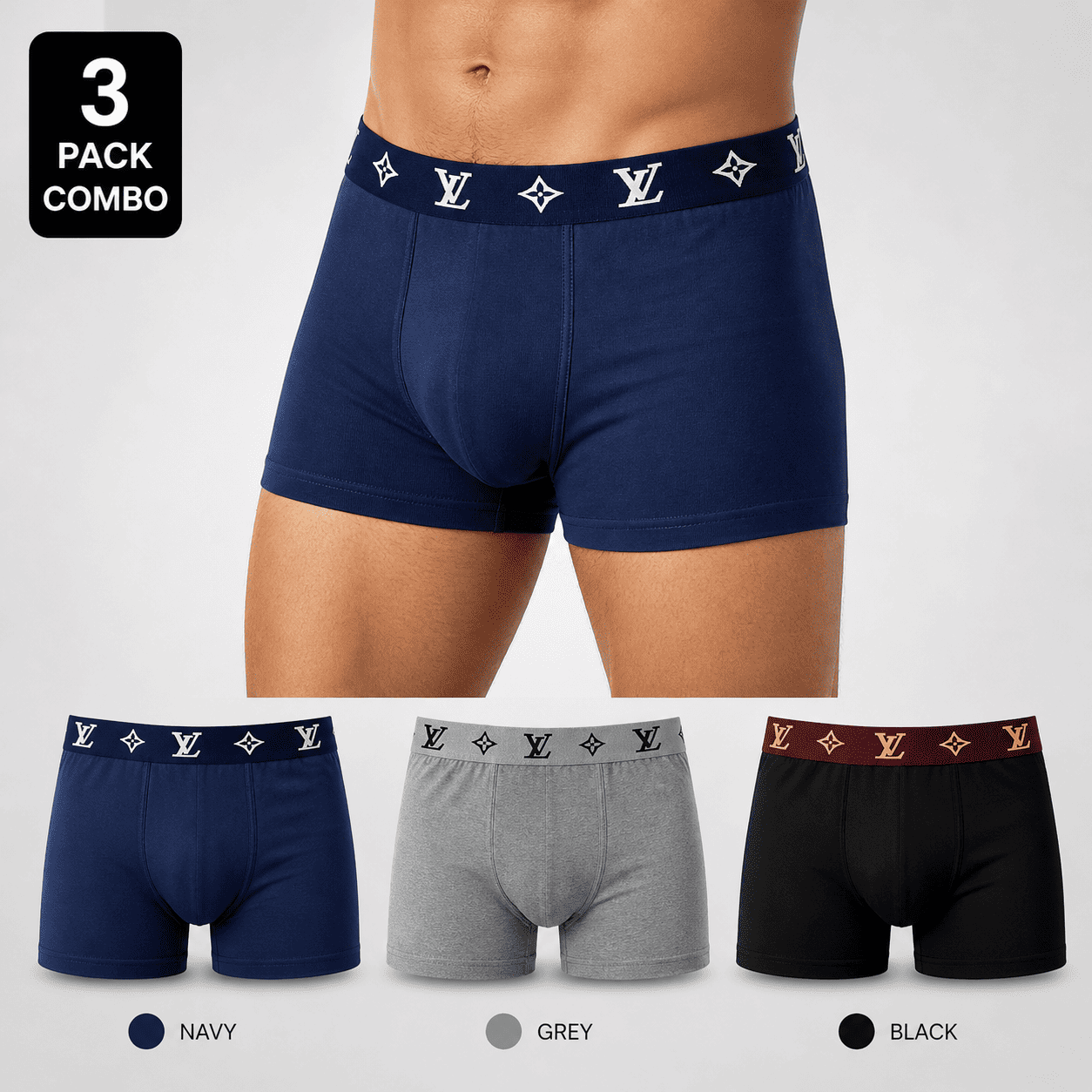 LV 3 Pack Trunks – Comfortable Everyday Innerwear (Navy, Grey, Black)