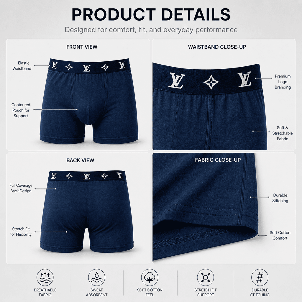 LV 3 Pack Trunks – Comfortable Everyday Innerwear (Navy, Grey, Black)