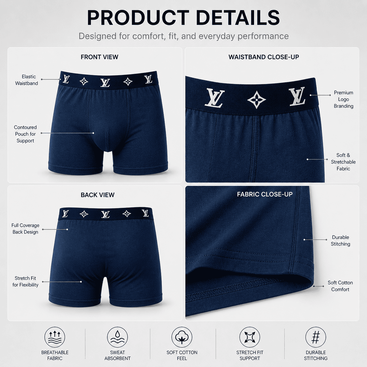 LV 3 Pack Trunks – Comfortable Everyday Innerwear (Navy, Grey, Black)