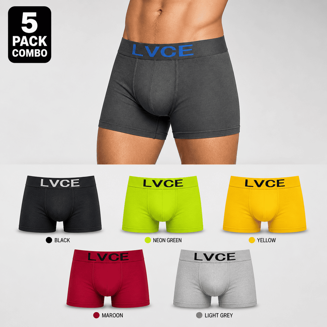 LVCE 5 Pack Trunks – Comfortable Everyday Innerwear (Black, Neon Green, Yellow)