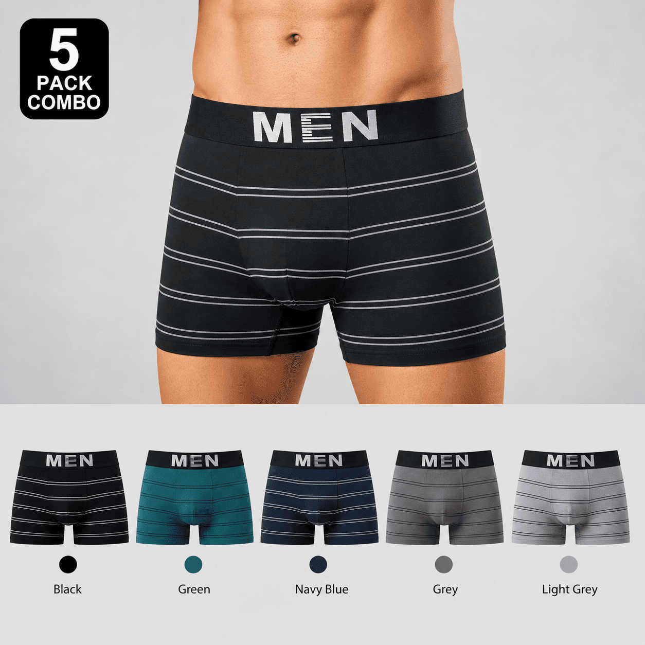 MEN 5 Pack Trunks – Comfortable Everyday Innerwear (Black, Green, Navy Blue)
