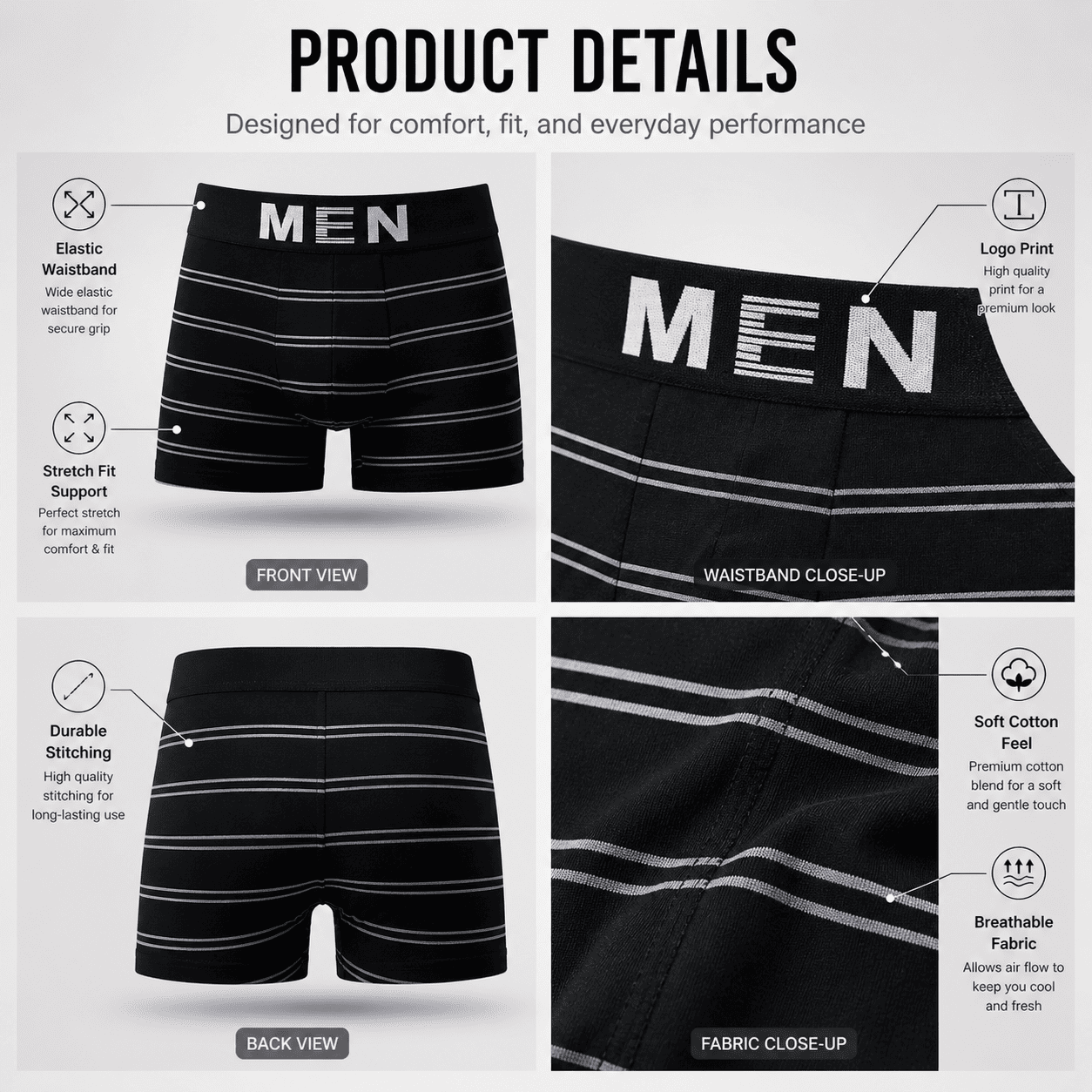 MEN 5 Pack Trunks – Comfortable Everyday Innerwear (Black, Green, Navy Blue)