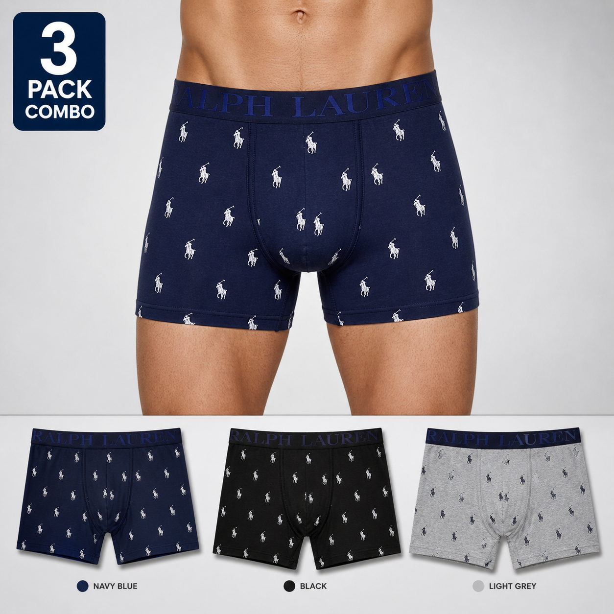 Ralph Lauren 3 Pack Boxer Briefs Combo – Everyday Comfort & Style (Navy Blue, Black, Grey)
