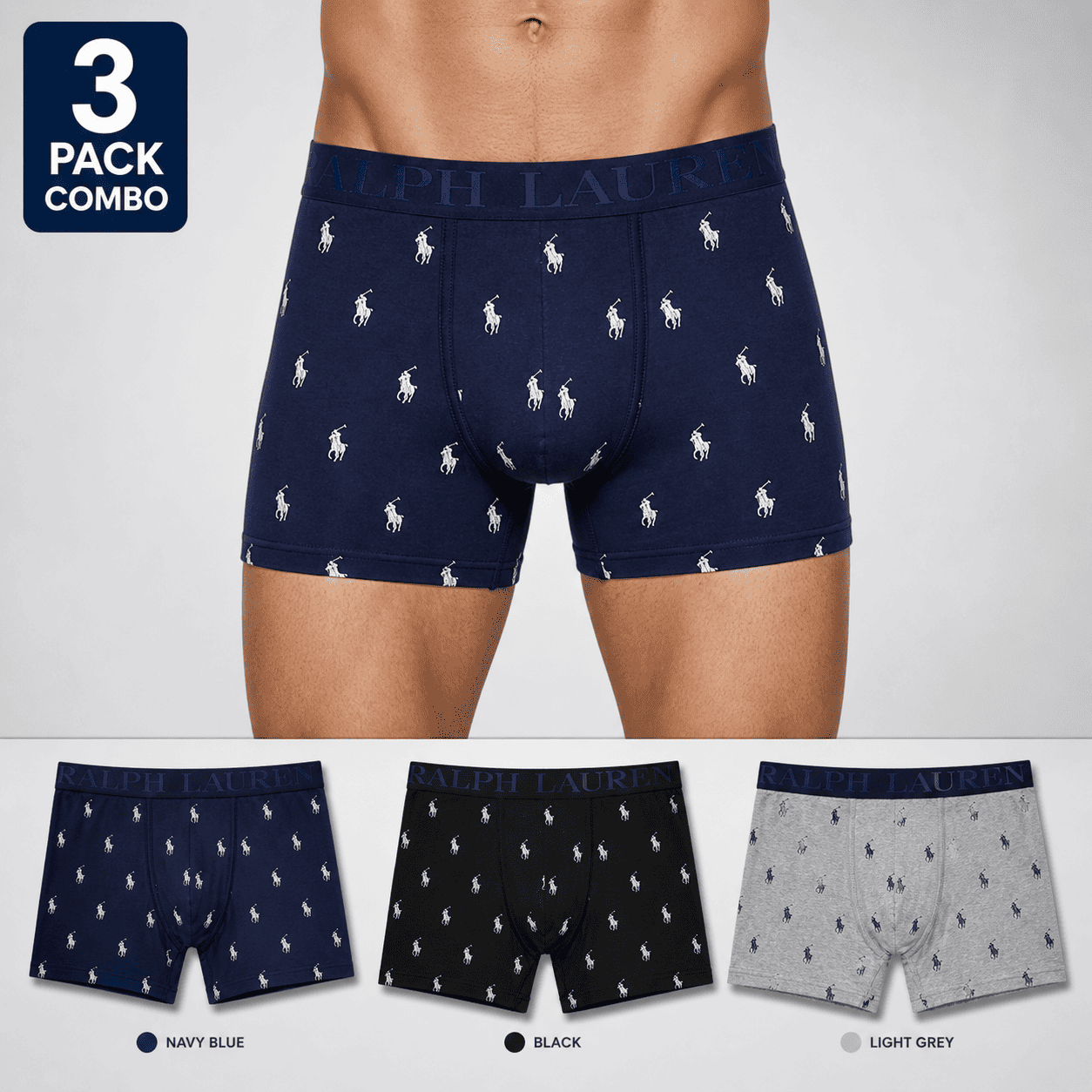 Ralph Lauren 3 Pack Trunks – Comfortable Everyday Innerwear (Navy Blue, Black, Light Grey)