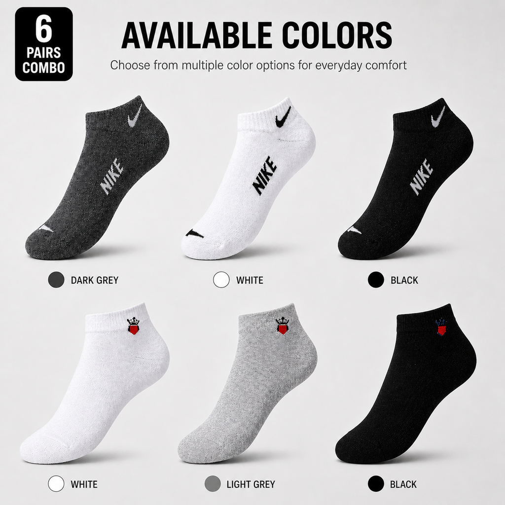 Nike + Crown Heart 6 Pairs Ankle Socks Combo – Everyday Comfort & Style (Black, Grey, White)