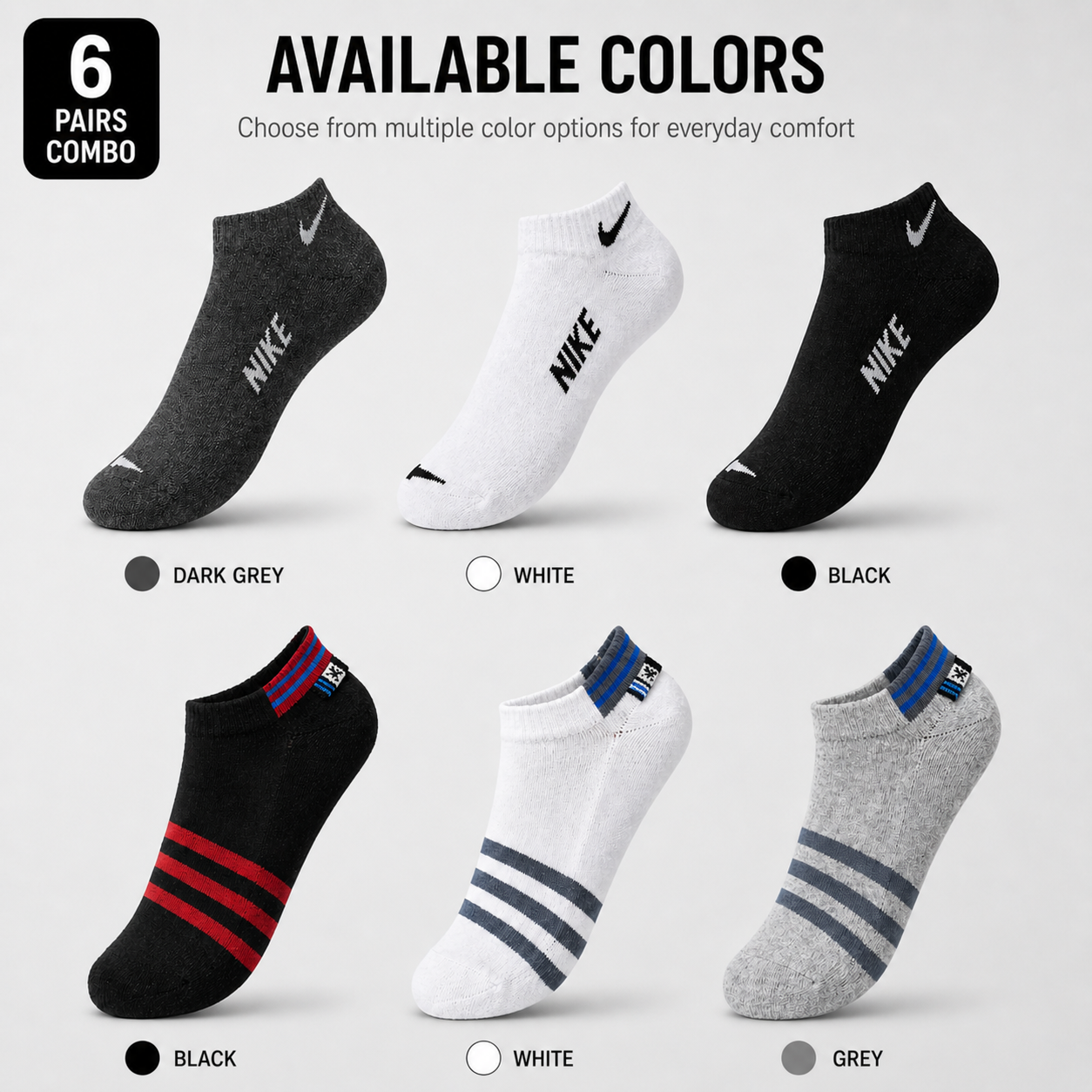 Nike + US Polo 6 Pairs Ankle Socks Combo – Everyday Comfort & Style (Black, Grey, White)