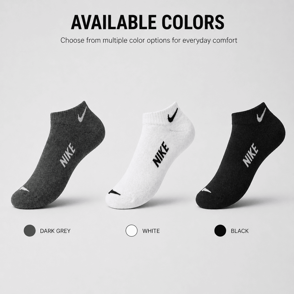 Nike 3 Pair Ankle Socks – Everyday Comfort (Dark Grey, White, Black)