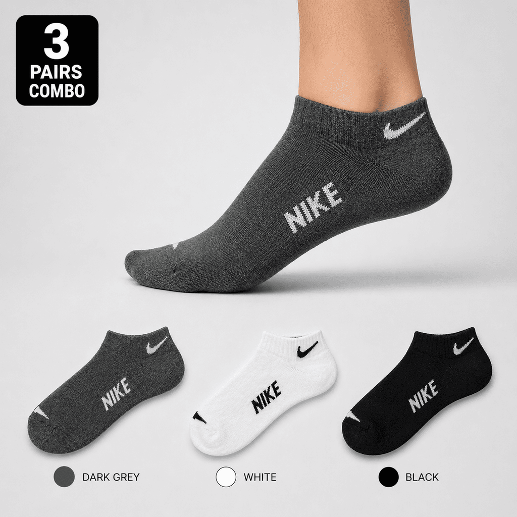 Nike 3 Pair Ankle Socks – Everyday Comfort (Dark Grey, White, Black)