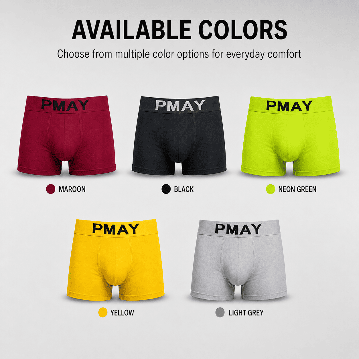 PMAY 5 Pack Trunks – Comfortable Everyday Innerwear (Black, Neon Green, Maroon)