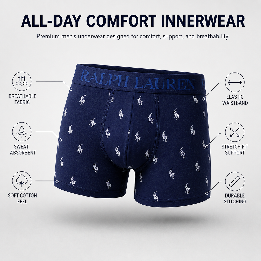 Ralph Lauren 3 Pack Boxer Briefs Combo – Everyday Comfort & Style (Navy Blue, Black, Grey)