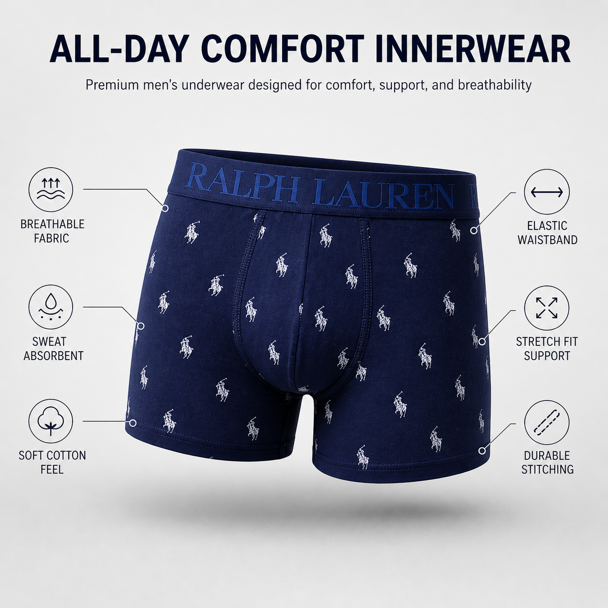 Ralph Lauren 3 Pack Boxer Briefs Combo – Everyday Comfort & Style (Navy Blue, Black, Grey)
