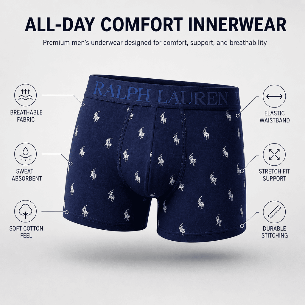 Ralph Lauren 3 Pack Trunks – Comfortable Everyday Innerwear (Navy Blue, Black, Light Grey)