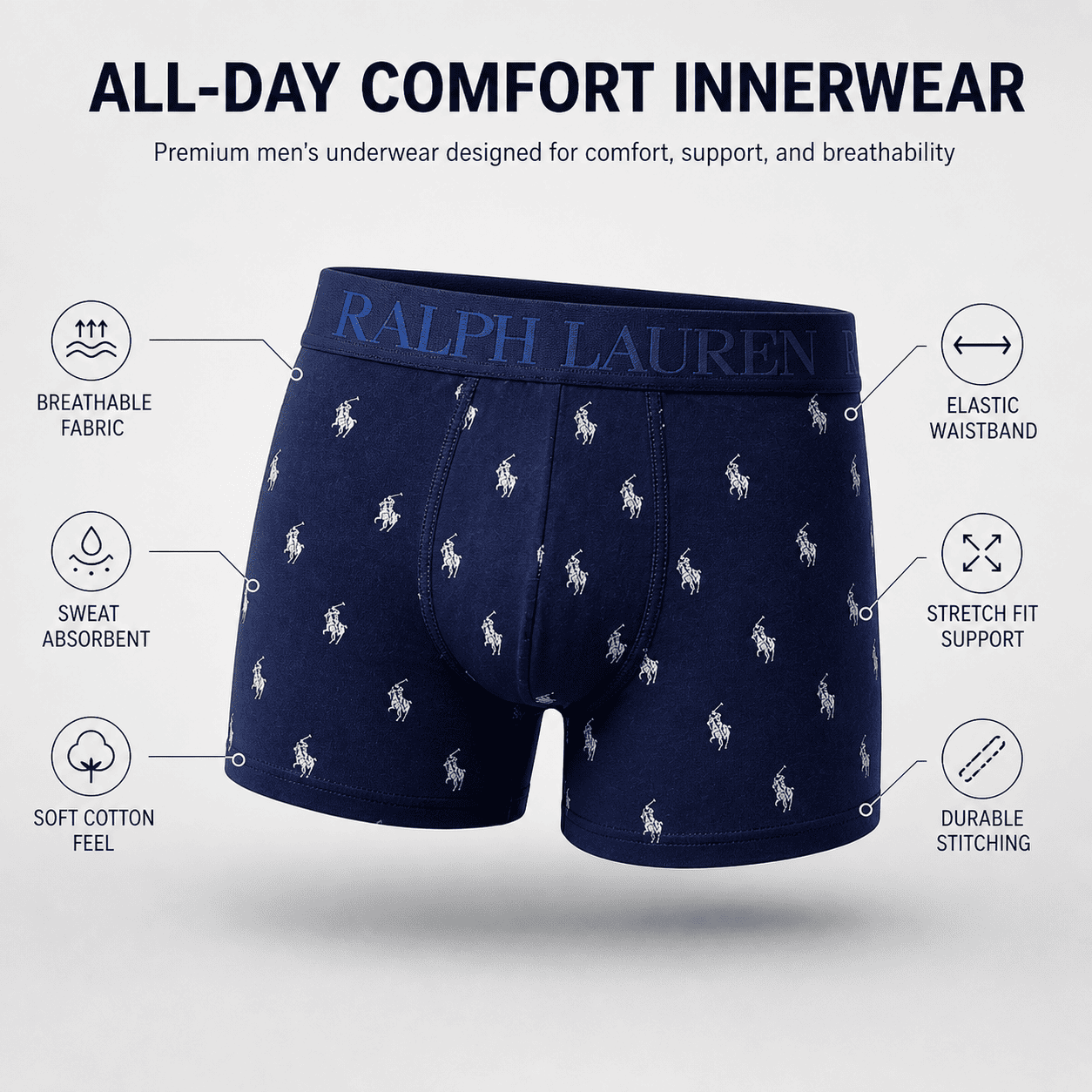 Ralph Lauren 3 Pack Trunks – Comfortable Everyday Innerwear (Navy Blue, Black, Light Grey)