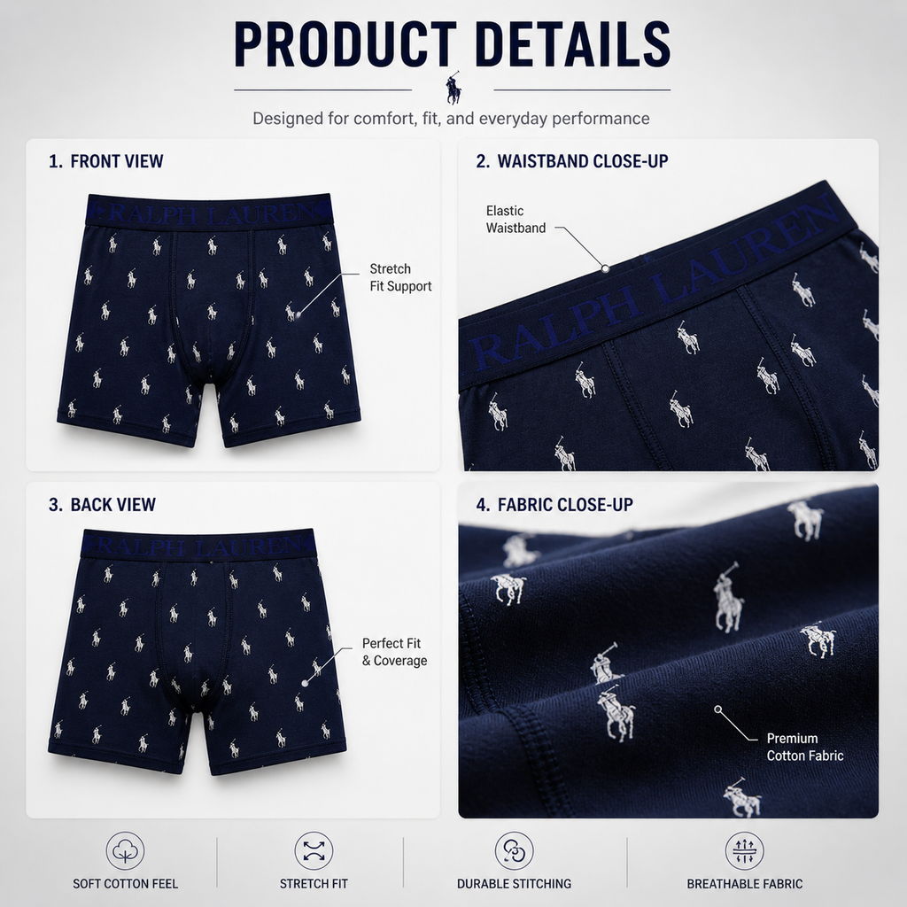 Ralph Lauren 3 Pack Boxer Briefs Combo – Everyday Comfort & Style (Navy Blue, Black, Grey)