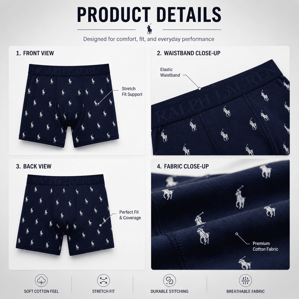 Ralph Lauren 3 Pack Trunks – Comfortable Everyday Innerwear (Navy Blue, Black, Light Grey)