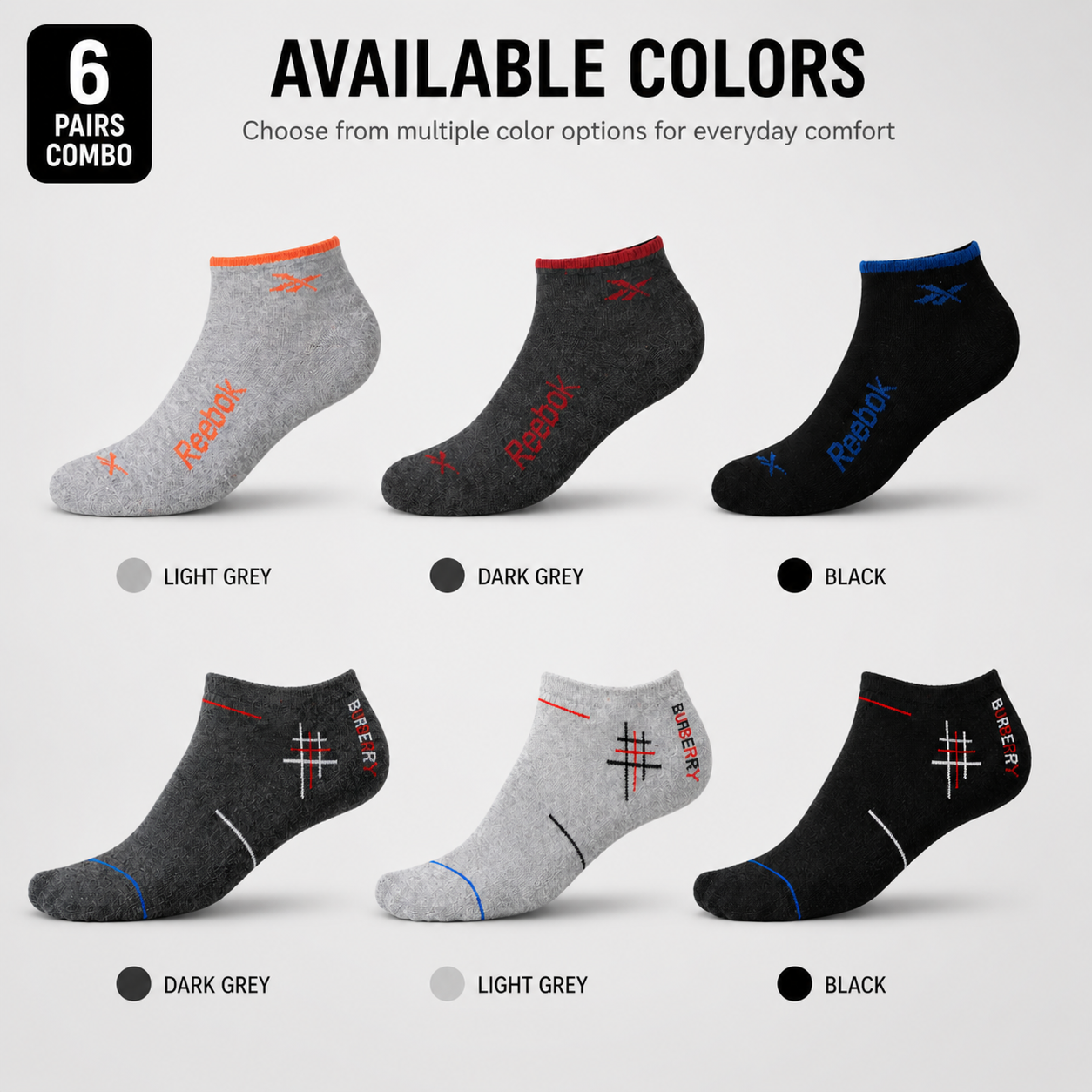 Reebok + Burberry 6 Pairs Ankle Socks Combo – Everyday Comfort & Style (Black, Grey, Light Grey)