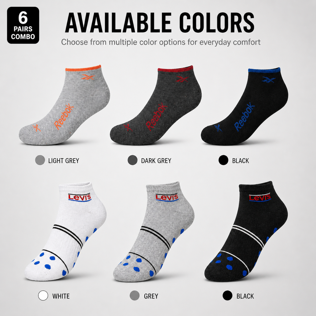 Reebok + Levi’s 6 Pairs Ankle Socks Combo – Everyday Comfort & Style (Black, Grey, Light Grey)
